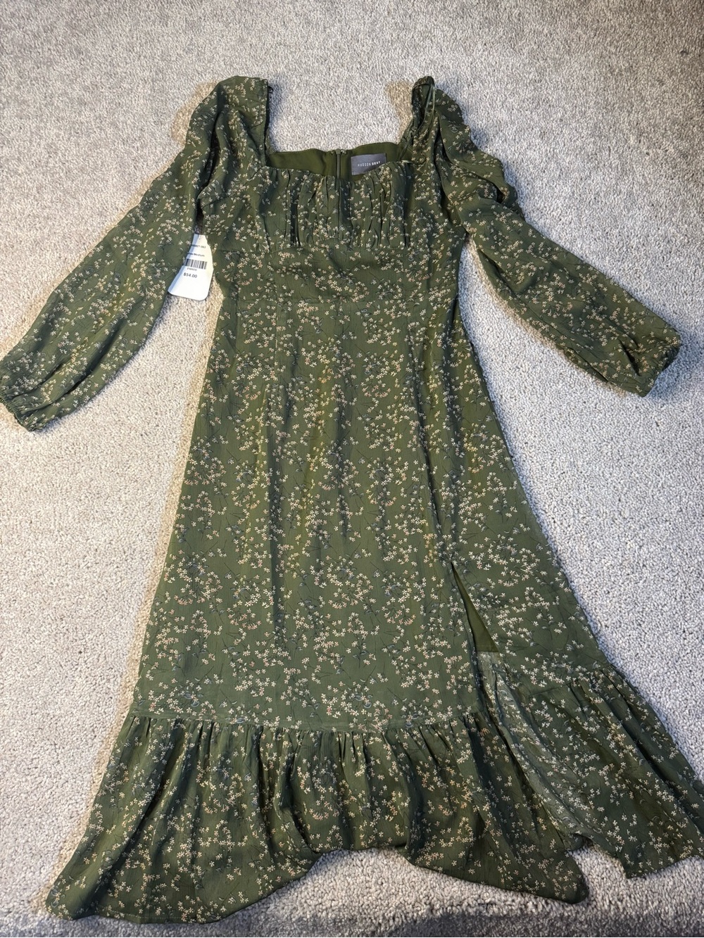 Smocked Olive Green Floral Midi Dress with Ruffle Hem